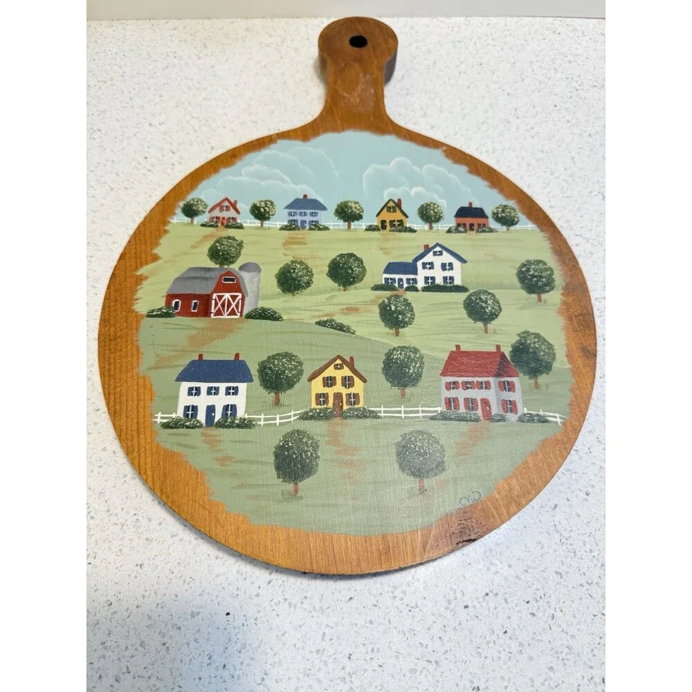 VTG Wood Hand Painted Bread Cutting Board Houses Farmhouse Grammacore Farm